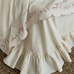 Vintage French Lace Flowers Embroidery Natural Cotton Linen Princess Bedding Set