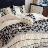 4Pcs French Vintage Princess Style Embroidered Chiffon Lace Ruffle Luxury Bedding Set