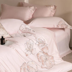 Pink Elegant Flowers Embroidery 100% Cotton Luxury Bedding Set