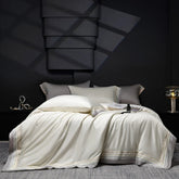 Luxury 600TC Long Staple Cotton Bedding Set, Cream White with Grey Embroidery Border, Soft Duvet Cover Flat Sheet Pillowcases