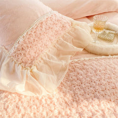 Pink Rose Flowers Short Plush Lace Ruffles Princess Bedding Set