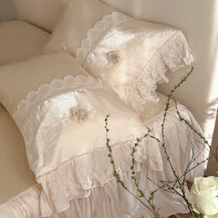 Luxury Lace Ruffles Lyocell Bedding Set, Soft Cooling Flower Duvet Cover Set Bed Sheet/Bed Skirt/Fitted Sheet Pillowcases 4Pcs