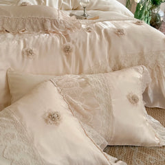 Luxury Lace Ruffles Lyocell Bedding Set, Soft Cooling Flower Duvet Cover Set Bed Sheet/Bed Skirt/Fitted Sheet Pillowcases 4Pcs