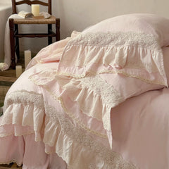 Romantic Double Layer Lace Ruffles 100% Cotton Double Gauze Princess Wedding Bedding Set