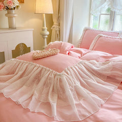 4/6Pcs Pink White Princess Wedding Bedding Sets