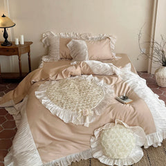 Raised Rose Embroidery Lace Ruffle Princess Bedding Set