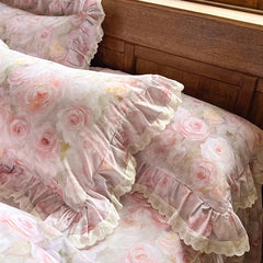 4/6Pcs Korean Princess Style Rose Print Lace Ruffles Bedding Sets