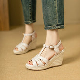 Square Headed Open Toe Real Leather Weaving Slope Heel