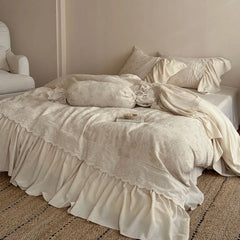 Vintage French Butterfly Lace Ruffles Cotton Linen Blend Jacquard Bedding Set