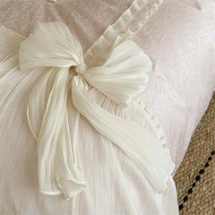 4Pcs Pink Ruffle Bow Lace Princess Wedding Bedding Set