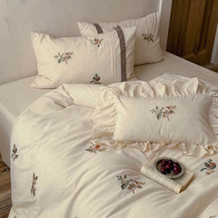Natural Cotton Linen Flowers Embroidery Bedding Set