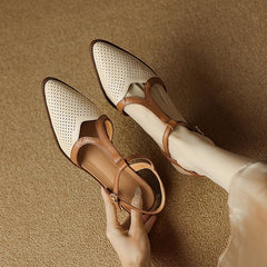 Sheepskin Hollow Breathable Elastic Buckle Middle Heel