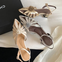 Sheepskin Flower Hollow Breathable High-Heeled High-End French Toe Sandals