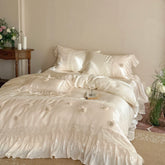 Luxury Lace Ruffles Lyocell Bedding Set, Soft Cooling Flower Duvet Cover Set Bed Sheet/Bed Skirt/Fitted Sheet Pillowcases 4Pcs