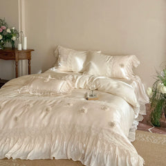 Luxury Lace Ruffles Lyocell Bedding Set, Soft Cooling Flower Duvet Cover Set Bed Sheet/Bed Skirt/Fitted Sheet Pillowcases 4Pcs