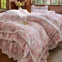 4/6Pcs Korean Princess Style Rose Print Lace Ruffles Bedding Sets
