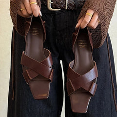 leather cowhide square toe low Heel