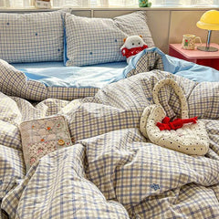 Duvet Cover Set Fashion Twin Double Size Girls Boys Flat Sheet Pillowcase No Filler Plaid Soft Bedding Set