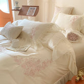 4Pcs Flowers Embroidery Lace Ruffles Princess Wedding Bedding Set