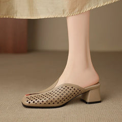 cowhide round head hollow breathable mid Heel