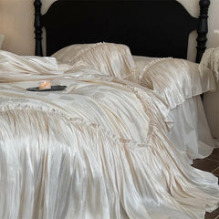 Vintage French Large Lace Ruffles Lyocell Cotton Rose Jacquard Luxury Bedding Set