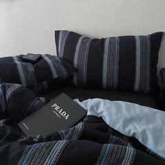 Blue Black Strip Duvet Cover Set with Zipper No Filler Nordic Bed Flat Sheet Pillowcases Single Double Size Girl Boy Bedding Set