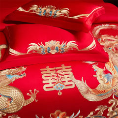 Luxury Chinese Style Wedding Dragon Phoenix Embroidery Red Bedding Set