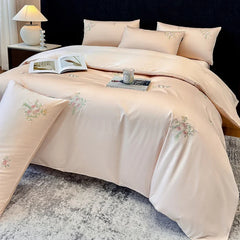 Chic Flowers Embroidery 100% Cotton Luxury Simple Solid Color Bedding Set