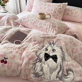 Pink Leopard Print Cute Cat Embroidery Velvet Warm Winter Bedding Set