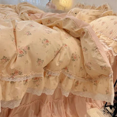 3/4Pcs Korean Princess Style Floral Lace Ruffle 100% Cotton Bedding Set