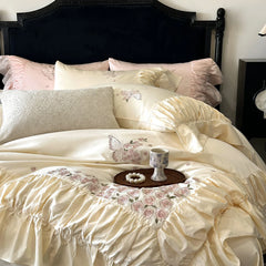 Luxury Rose Butterfly Embroidery Ruffles Princess Bedding Set