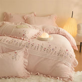 Pink Flowers Embroidery Lace Ruffles Velvet Luxury Bedding Set