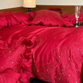 600TC Egyptian Cotton Rose Embroidery Red Wedding Style Bedding Set