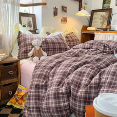 3/4Pcs Grid Stripes Ruffles Bedding Set