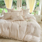 Rose Flowers Embroidery Lace Ruffles Princess Bedding Set
