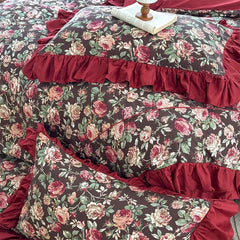 100% Cotton Vintage Rose Print Ruffles Bedding Set