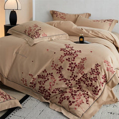 100% Cotton Brushed Autumn Winter Luxury Leaf Embroidery Bedding Set