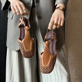 Leather Cowhide Square Toe Retro Low Heel