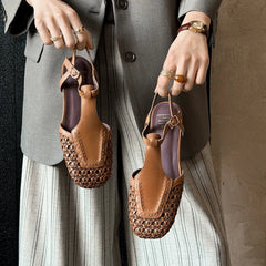 Leather Cowhide Square Toe Retro Low Heel
