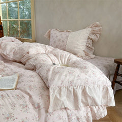 French Vintage 100% Cotton Lace Ruffles Floral Princess Bedding Set