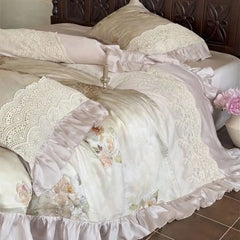 Vintage French Rose Flower Print Lace Bedding Set