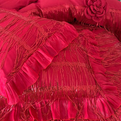 Red Tassel Design Lace Ruffles Princess Wedding Bedding Set