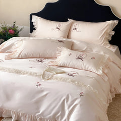 Pink Flowers Embroidery Lace Ruffles Bedding Set