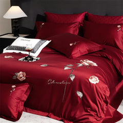 Luxury Rose Flowers Embroidery 100% Cotton Red Bedding Set