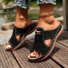 Women Slip on Slippers Beach Slippers Solid Color Round Head Wedges Casual Designer Shoes