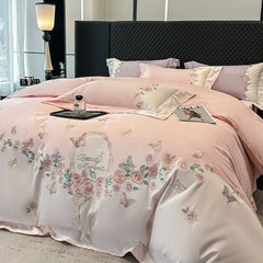 100% Cotton Rose Flowers Butterfly Embroidery Bedding Set