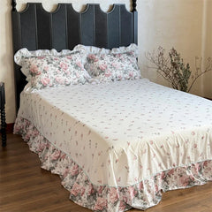 100% Cotton Vintage Countryside Floral Print Ruffle Bedding Set