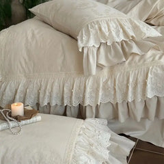 Vintage Jacquard Double Layer Butterfly Lace Ruffles Bedding Set
