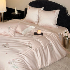 Pink Tulip Flowers Embroidery Luxury Bedding Set