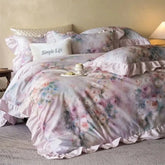 600TC Egyptian Cotton Flowers Print Ruffle Luxury Bedding Set